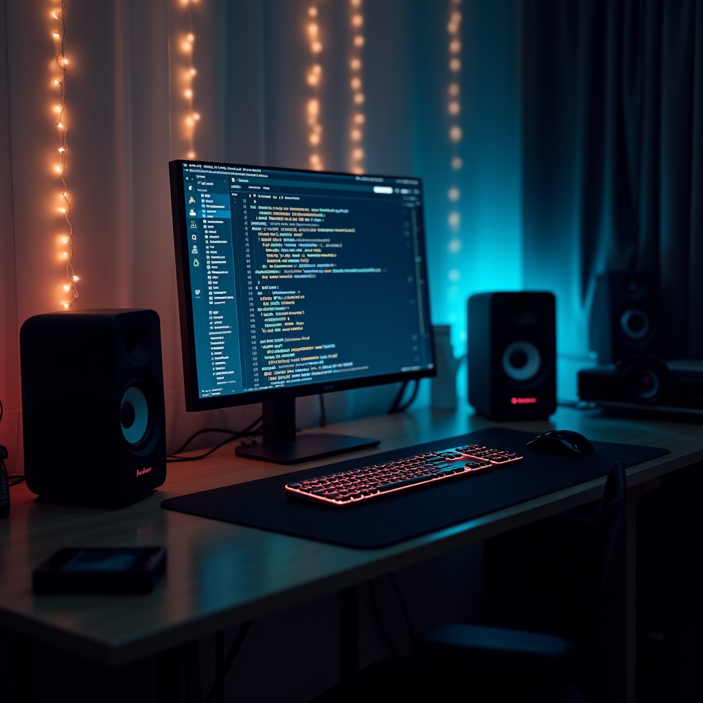 A dimly lit workspace featuring a computer monitor displaying code, surrounded by ambient lighting and audio equipment.