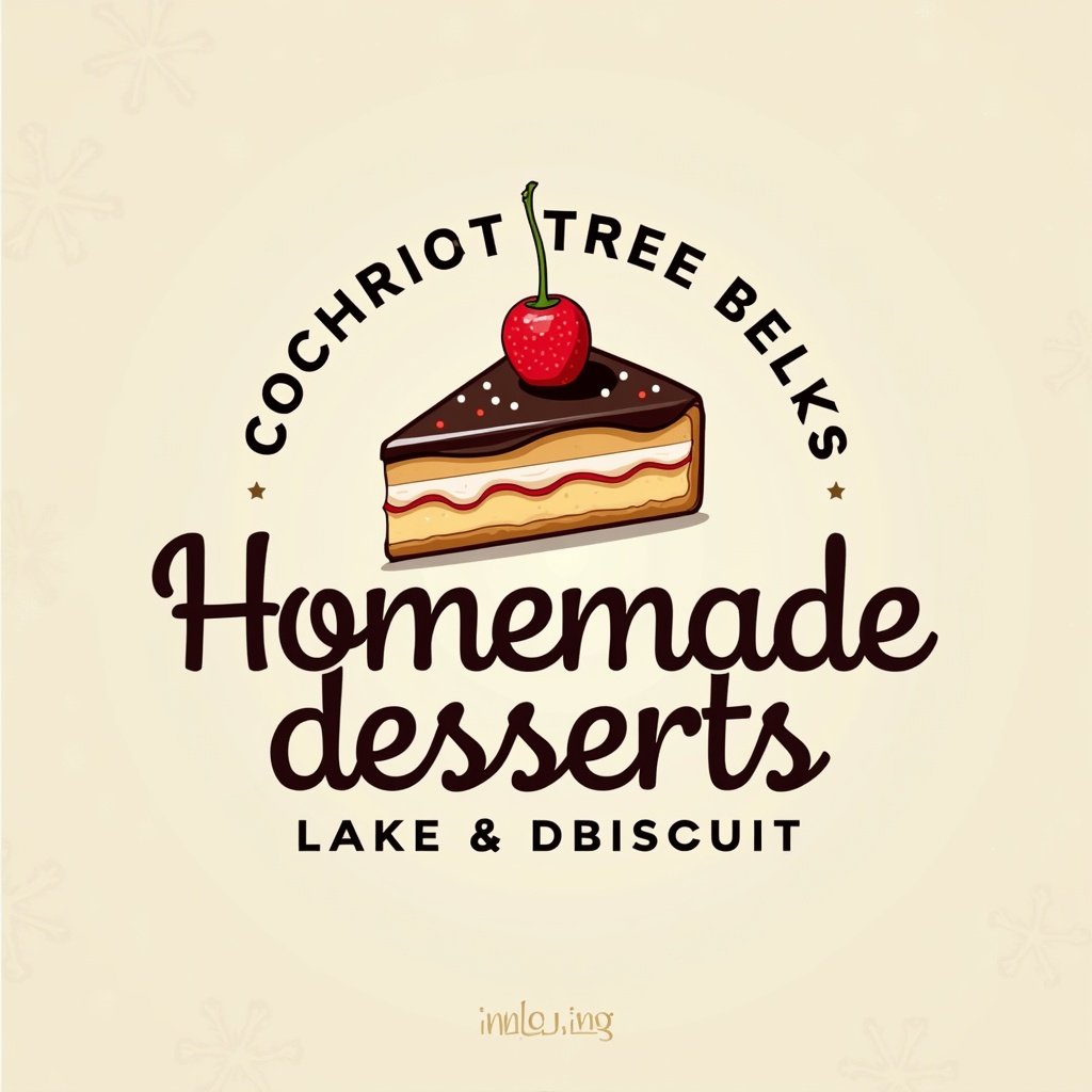 Logo design for homemade desserts featuring a cake slice with a cherry. Includes text and a cozy aesthetic. Suitable for a bakery theme.