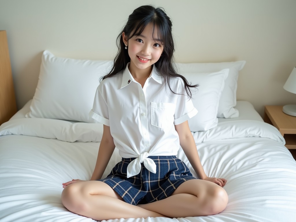 A young girl is seated comfortably on a neatly made bed, exuding a sense of innocence and serenity. She wears a casual white short-sleeved shirt tied in the front, and a checkered skirt, suggesting a relaxed atmosphere. The room is bright and neatly organized, with the white bedding and soft lighting contributing to the overall tranquil ambiance.