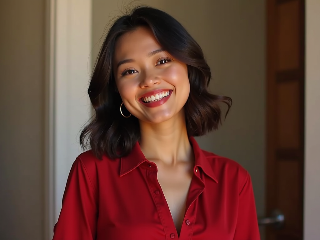 A woman with short, wavy hair, wearing a red blouse, smiles warmly, conveying a sense of happiness and friendliness.