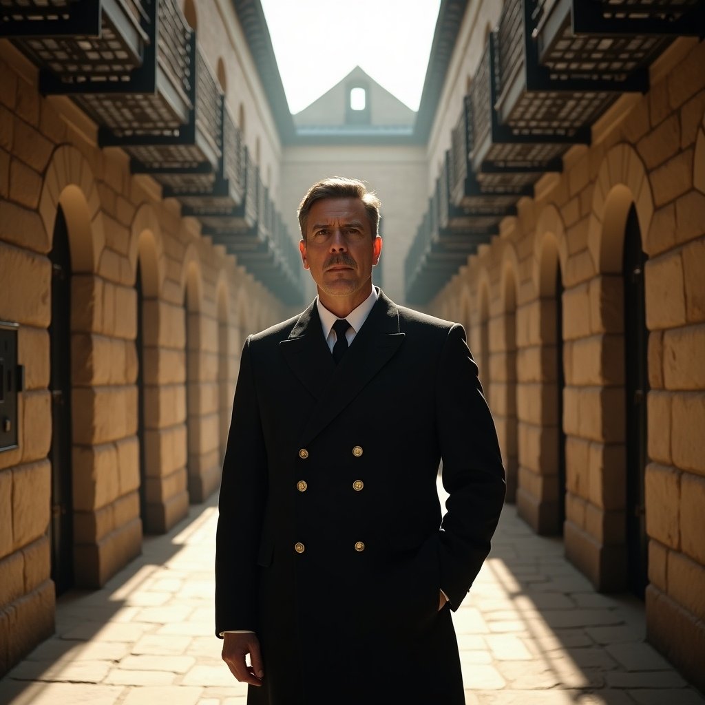 The image depicts a warden standing confidently in a narrow stone corridor. He wears a sharp military-style uniform, characterized by its double-breasted front and polished look. The lighting is soft and dramatic, highlighting his figure while casting shadows along the walls. The architectural details of the corridor add a historic feel to the scene. Overall, the warden exudes an aura of authority and control in this striking composition.