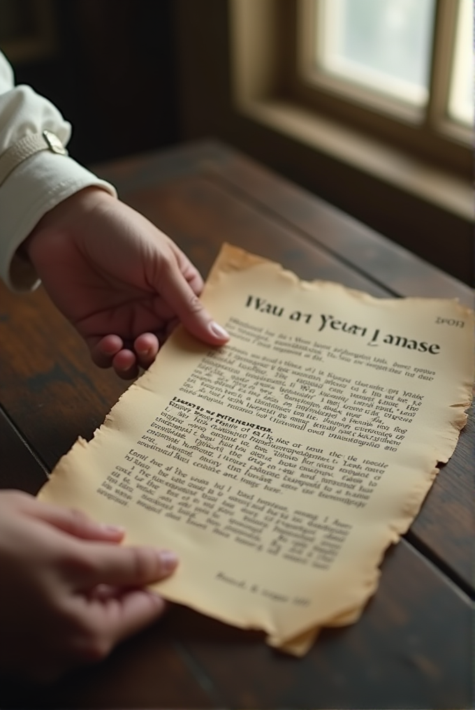 A person is holding an old, slightly burnt letter with text on it, near a window.