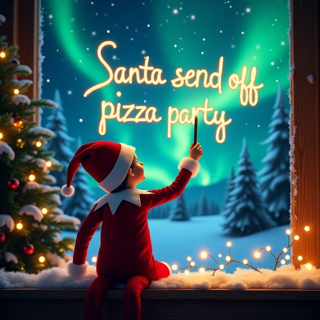 An enchanting Christmas scene with an elf on the shelf facing the sky. The elf, dressed in red and white, holds a wand and writes a festive message in glowing script. The background features vibrant northern lights that add to the magic of the scene. It captures the joy and spirit of the holiday season. The scene is whimsical, evoking a sense of excitement and wonder.