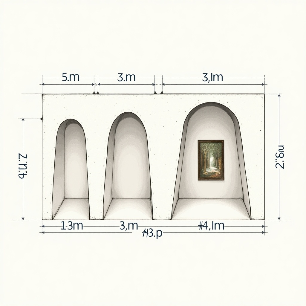 Illustration of a tunnel featuring four arches with varying heights including a dome-like end. The first arch is 2.5m tall, the second arch is 3.5m tall, third arch is slanted and 3m tall, and the fourth arch is dome-like. A painting is hung at the end of the tunnel. Each arch maintains the same width and has gaps in between.