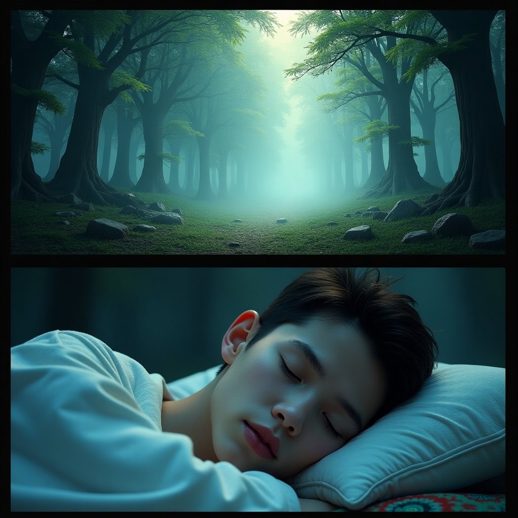 Wide shot of a mystical forest featuring ancient trees and a misty atmosphere. Close-up view of a young man sleeping peacefully, hinting at untapped powers. Captions introduce a fantasy narrative with themes of destiny and coexistence.