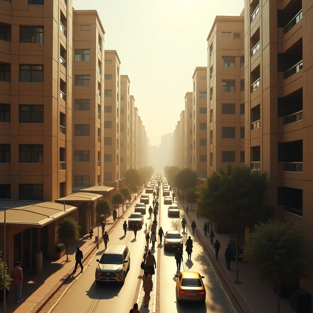 Documentary photography of a Martian settlement. Busy street with commuting people. Realistic photo taken from a high building. Surrounded by tall office buildings. People are distant and unrecognizable. Side of the road has some trees. Good depth of field.