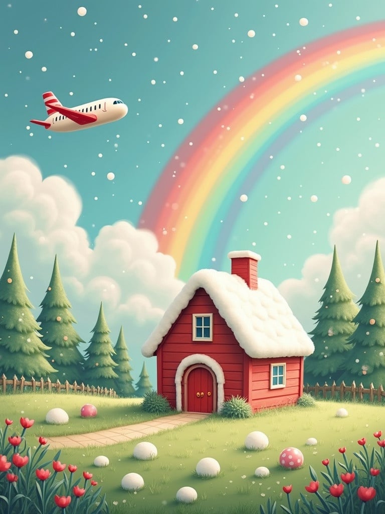 A Christmassy scene featuring a marshmallow-style red house with a snow-covered roof on a field. A rainbow arches in the background while a marshmallow airplane is flying in a clear sky.