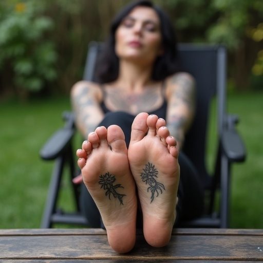 Mature goth woman displays crossed feet revealing black tattoos on soles. She is seated on a lawn chair in a garden with greenery around. Feet are positioned on the table.