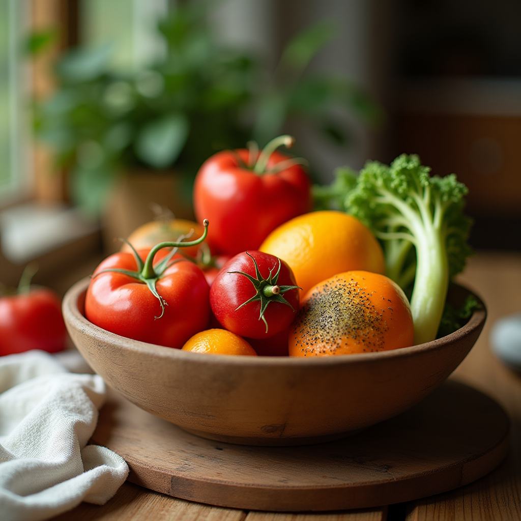 A wooden bowl filled with fresh tomatoes, oranges, and broccoli sits on a table by a window.