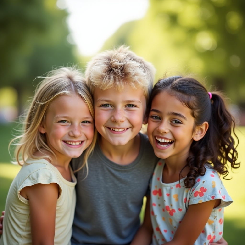 Group of three children in a park. Two blond children and one girl with dark hair. They are all smiling and enjoying their time together.