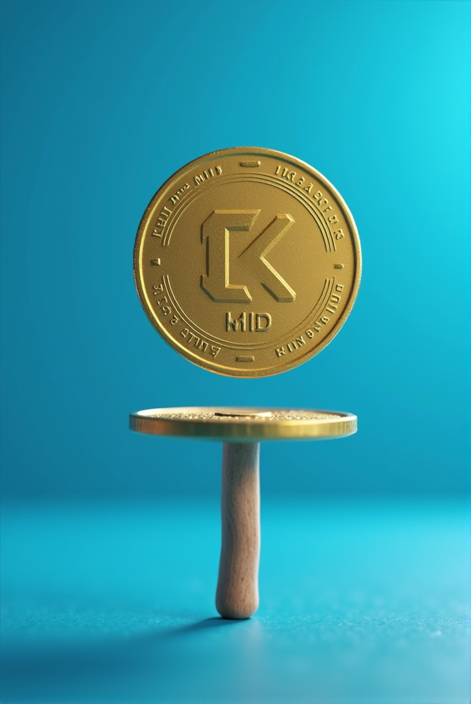 A golden coin with the letter 'K' prominently displayed balances on a stick against a blue background.