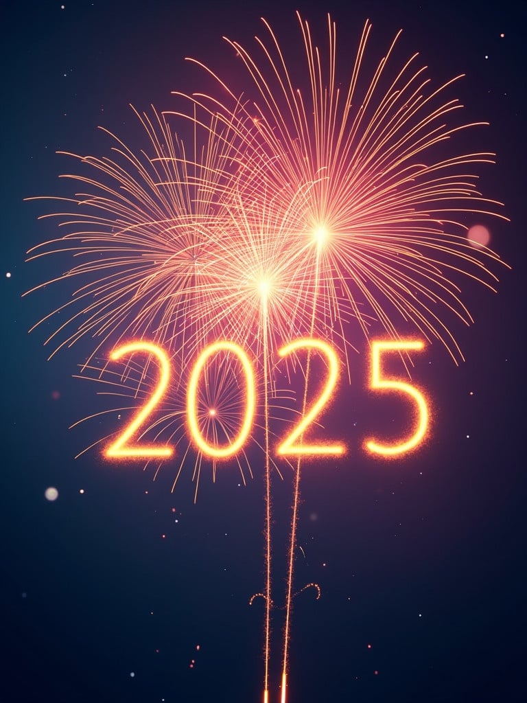 A festive postcard for New Year 2025. The design features vibrant colorful fireworks illuminating the night sky. The year 2025 appears prominently in the center. Background is soft, enhancing the celebratory feel.