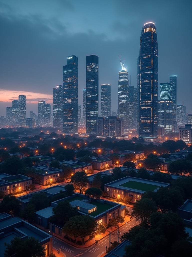 Futuristic cityscape at night. Skyscrapers light up the scene. Quiet residential area below. Viewed from above. Tech-savvy business park features prominently. Shadows and glow create a dramatic effect.