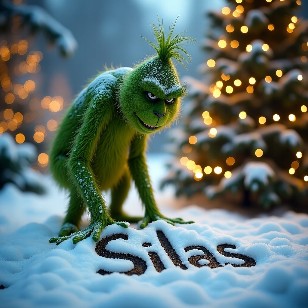 The Grinch outside in a snowy environment surrounded by Christmas trees. The Grinch writes the name Silas in the snow.