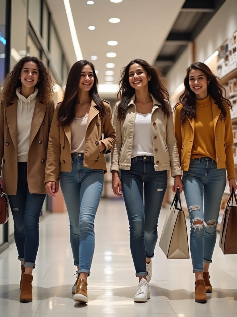 Four young and attractive Indian women dressed in stylish casual outfits walk through the aisles of a branded retail store. They appear excited while shopping and carry shopping bags. The name of the store is ShopMax.