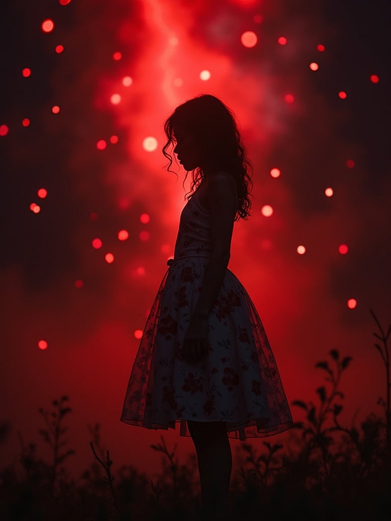 Image features a silhouette of a lady in a floral dress against a vivid red and black galaxy-like background. The scene has a dreamy, euphoria-like feel with swirling colors and bright spots of light. The overall composition creates a mysterious and enchanting atmosphere.