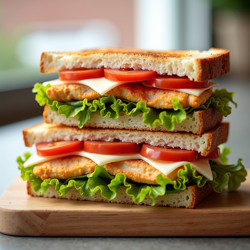 This image features a delicious sandwich made with sliced chicken and white cheese, layered with fresh iceberg lettuce and ripe tomatoes. The bread is perfectly toasted to a golden brown, creating a satisfying crunch. The vibrant colors of the ingredients make the sandwich visually appealing. It is stacked high on a wooden board, showcasing the ample filling. The background is softly blurred to keep the focus on the sandwich, making it an enticing option for lunches or snacks.