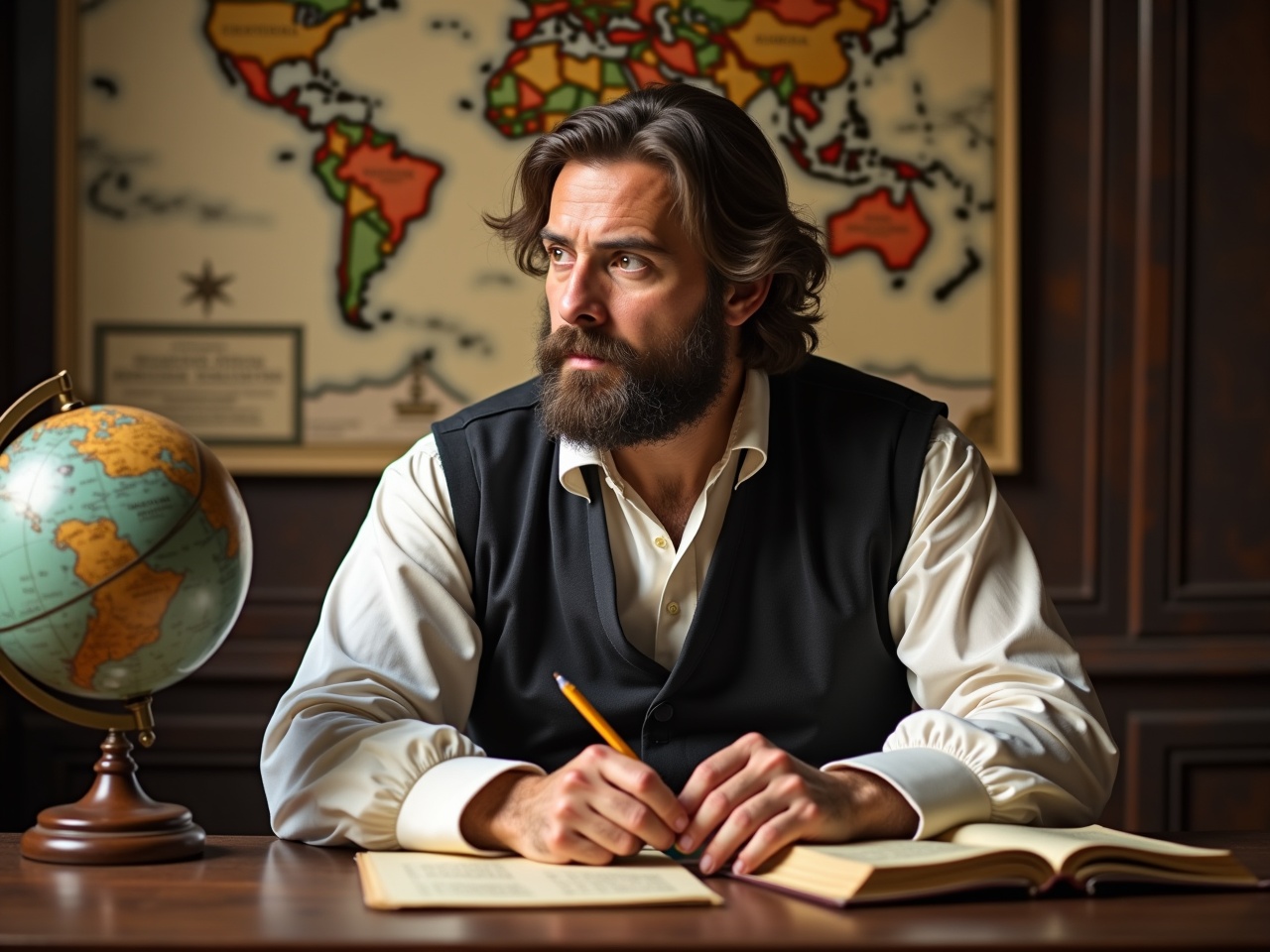 The image depicts a thoughtful scholar seated at a table. He has a beard and is dressed in historical clothing, with a waistcoat and white shirt. In front of him, there is an open book, and he is holding a pencil as he looks pensive. To his left is a globe, indicating his focus on geography or exploration. Behind him, there is a detailed old map showing continents and countries, adding a scholarly atmosphere. The lighting is soft, enhancing the reflective mood of the scene.