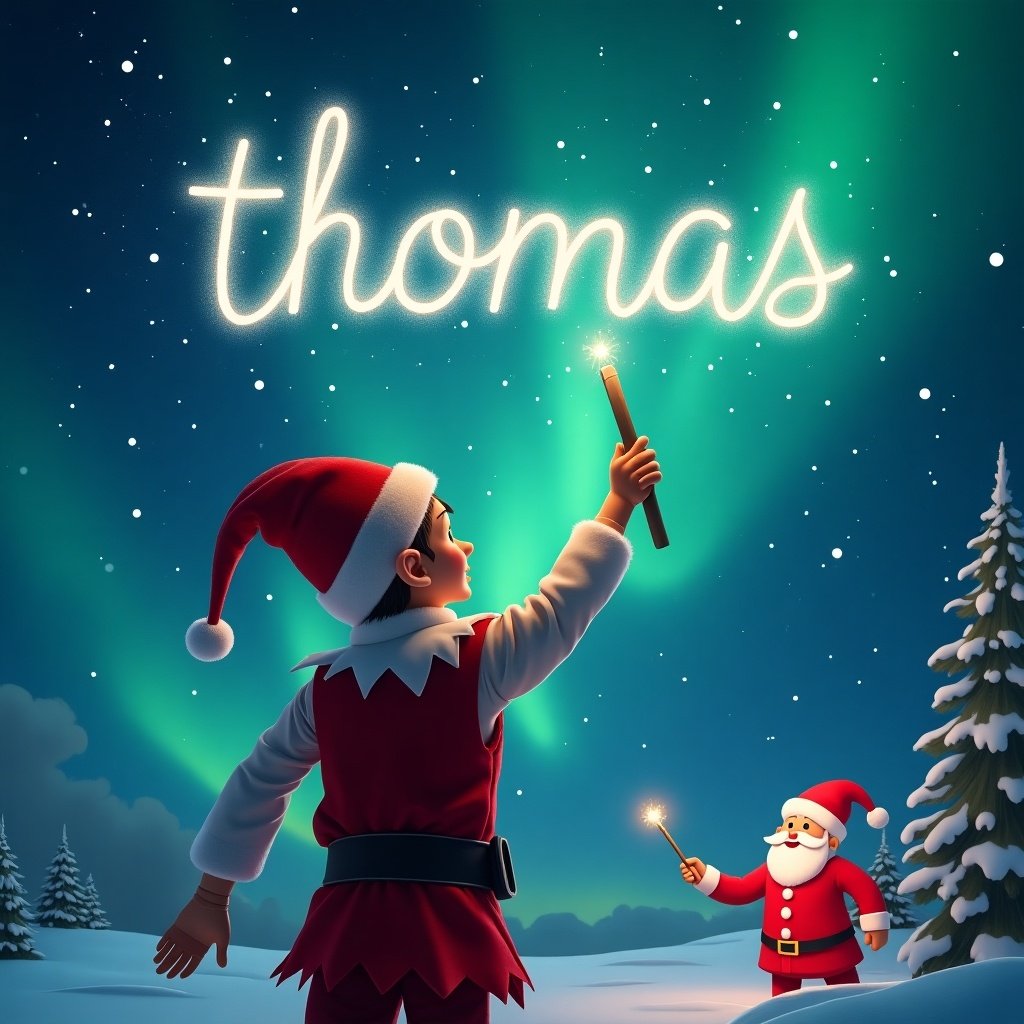 Elf with back turned, facing magical sky. Using wand to write names in air. Background shows northern lights and Santa. Name written is 'thomas'.