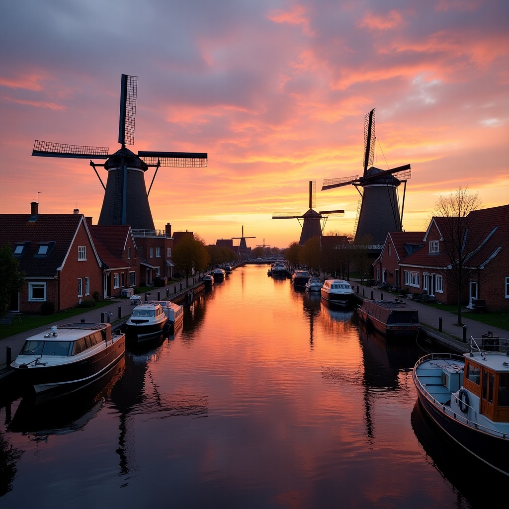 This image showcases a beautiful sunset over the city of Schiedam, highlighting its iconic windmills. The scene is peaceful, with calm waters reflecting the vibrant colors of the sky. Houses line the canal, creating a tranquil atmosphere. Boats gently float on the water, adding to the charm of the setting. This picturesque view encapsulates the beauty of a typical Dutch landscape.