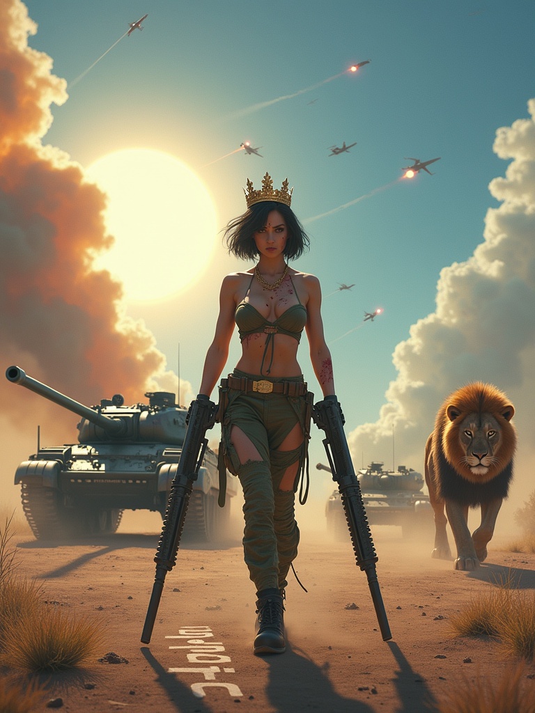 Ethereal battlefield scene featuring tanks and aircraft. Background filled with smoke and fire under a bright sun in a blue sky. A fierce woman stands at the center. She bears wounds and wears a sexy military uniform. A crown sits atop her short black hair. She holds large guns. A fierce lion walks behind her. Words '1BKtyntyn' inscribed on the ground.