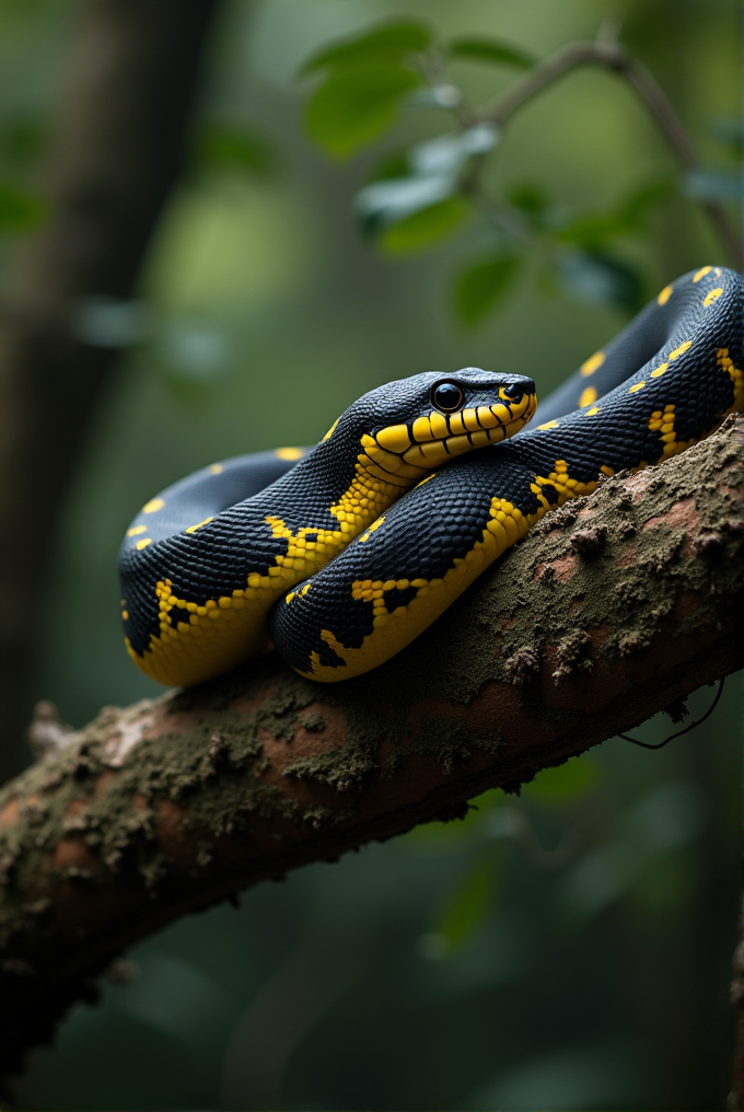 A striking black and yellow snake rests elegantly on a moss-covered branch amidst a lush, blurred forest backdrop.