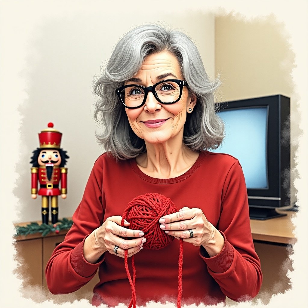 An elderly woman knitting with red yarn and knitting sticks. She has shoulder length gray hair and is wearing a red shirt. A nutcracker figurine is in the background beside a television. The style of the image is a watercolor drawing with a Christmas theme.