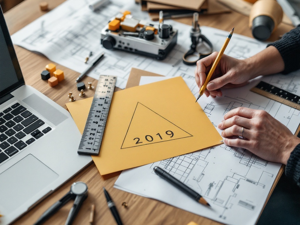 Table displays laptop ruler and various tools. Architectural technical blueprint is visible. The year 2019 is represented in an inverted triangle. A hand is holding a pencil while working.