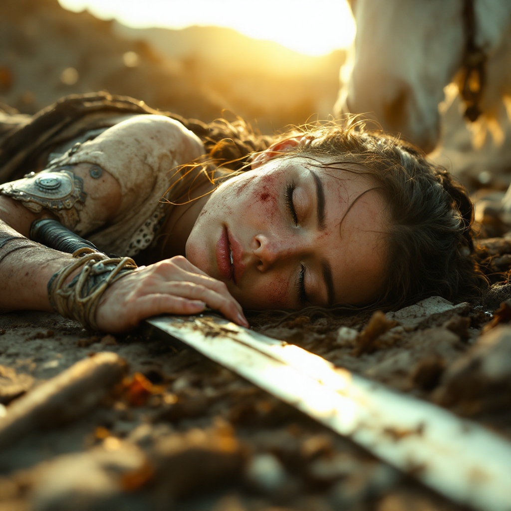 Tilu Rauteli lies on the ground illuminated by sunlight. Grip on sword against earth symbolizes spirit of battle. Face with blood and dirt reflects struggle. Eyes half-closed yet determined. Loyal horse stands protectively nearby. Scene shows rugged terrain with traces of battle. Captures perseverance and courage in defeat.