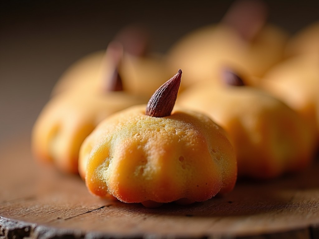 Close up of a pumpkin-shaped baked good with an almond stem, warm lighting enhancing texture, autumn-themed dessert.