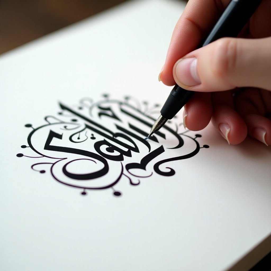 Close-up view of a hand writing Arabic calligraphy. Calligraphy features the name Sahil in bold black ink on white paper. Hand appears steady and focused while writing. Surrounding designs enhance the overall artwork. Soft lighting highlights pen strokes clearly.