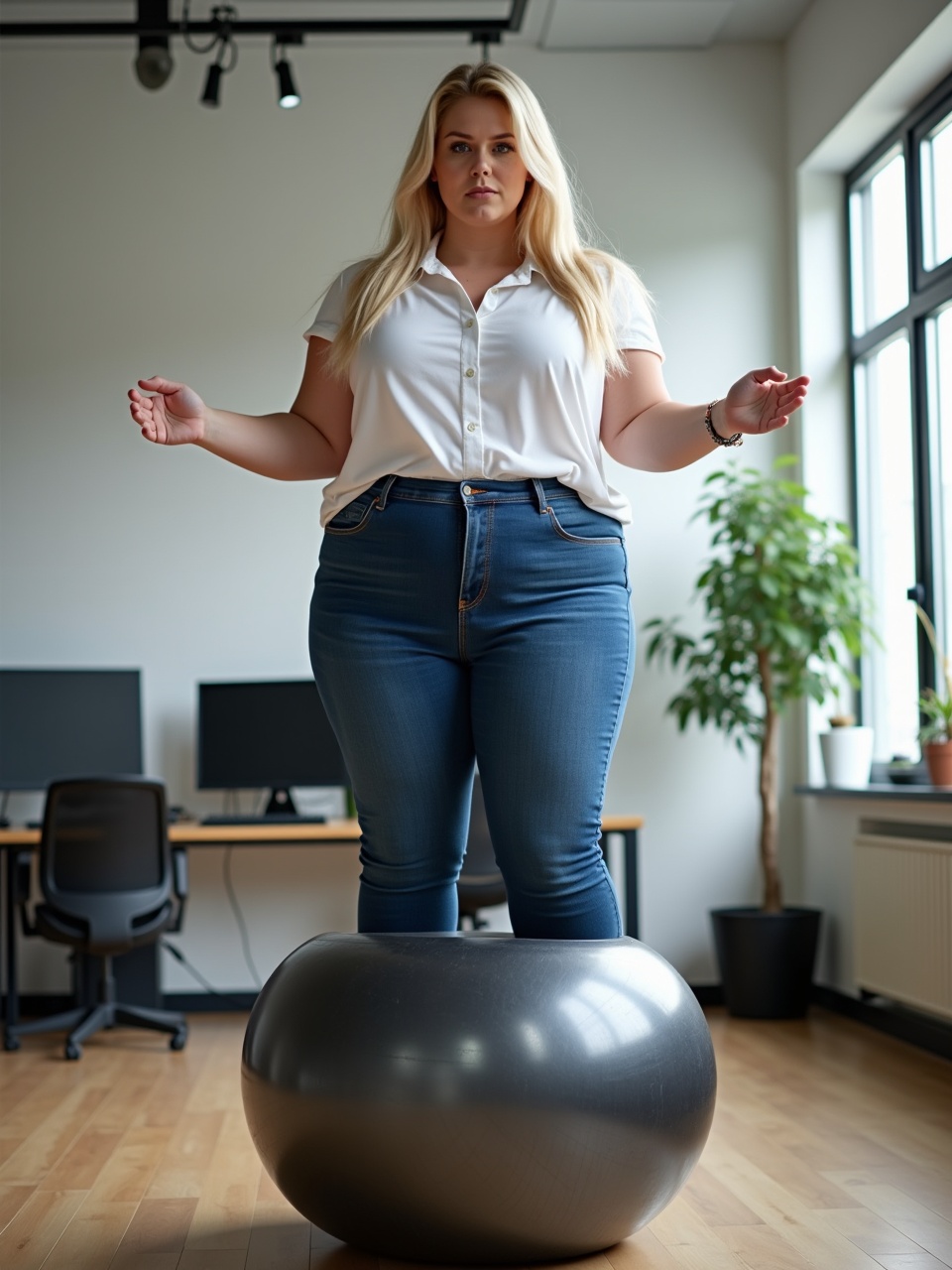 A young curvy woman stands confidently on a transparent black yoga ball in a modern Danish office. She is wearing a white shirt and tight jeans that highlight her figure. The setting includes computer desks and indoor plants, adding to the office vibe. The natural light enhances her features, creating a warm atmosphere. The woman has long blond hair and displays a determined expression. The scene captures a blend of fitness and professionalism, showing the importance of movement in a work environment.