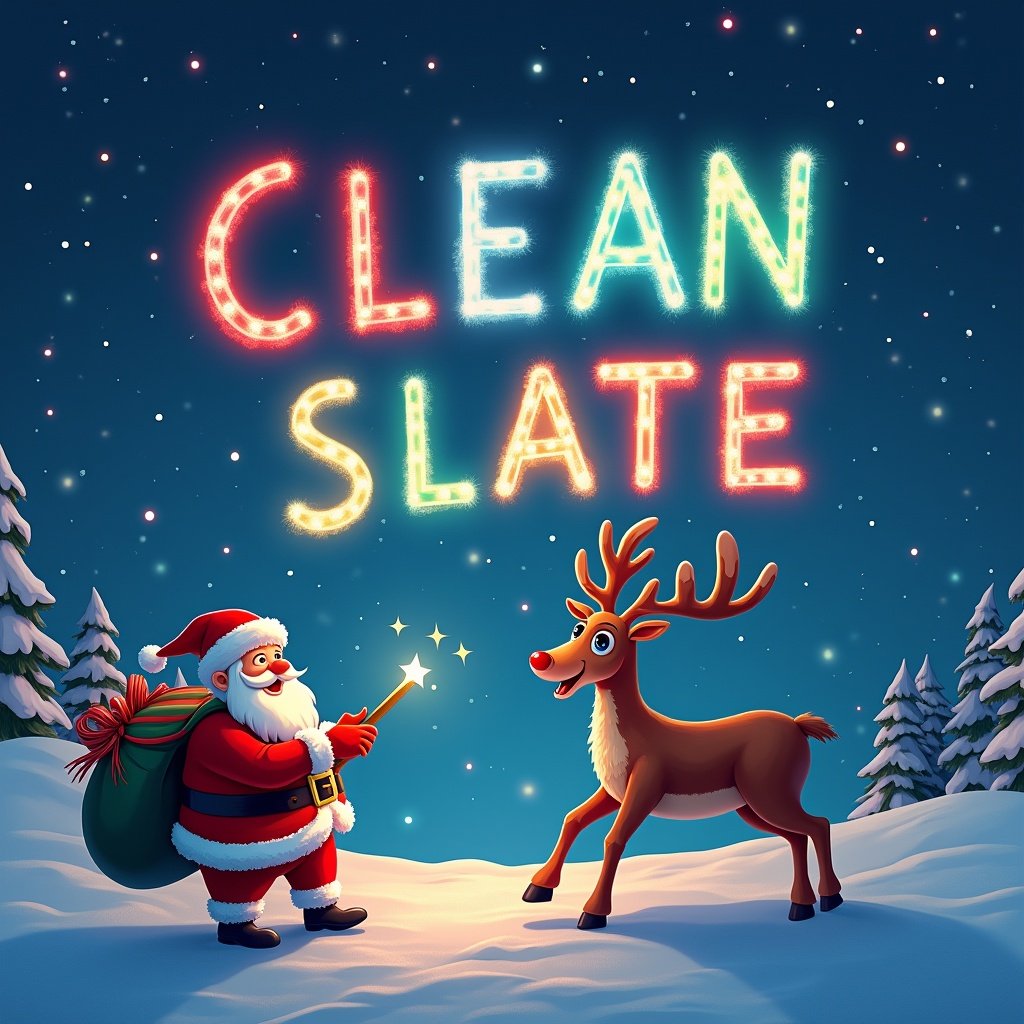 Creative Christmas scene features Santa Claus and a reindeer. Santa uses a colorful glow pen to write 'CLEAN SLATE' in the night sky. Snowy landscape surrounds them.