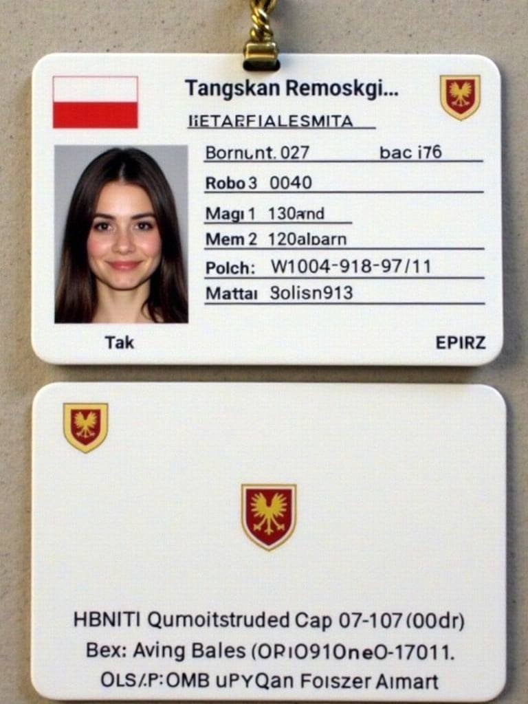 Display of Polish identity card. Card includes name date of birth nationality identity number. National emblem featured with security elements. Expiration date noted.