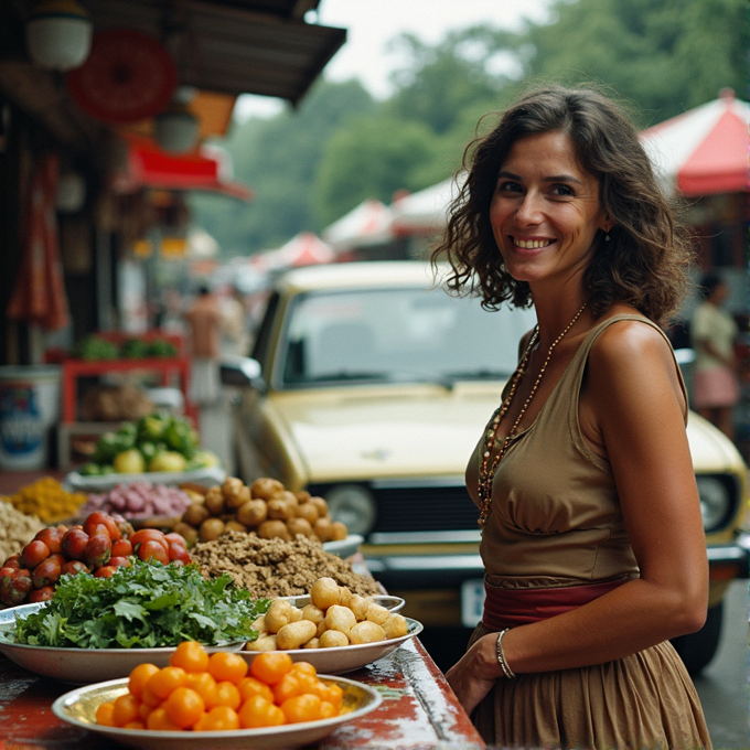 A woman in a golden dress stands smiling at an outdoor market stall with a display of fresh fruits and vegetables.