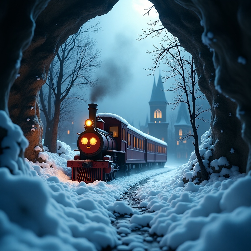 A hidden world filled with wonders. A vintage train travels through a snowy landscape inside a cave archway. Soft, fluffy snow blankets the ground. The scene evokes an air of mystery and a hint of danger.