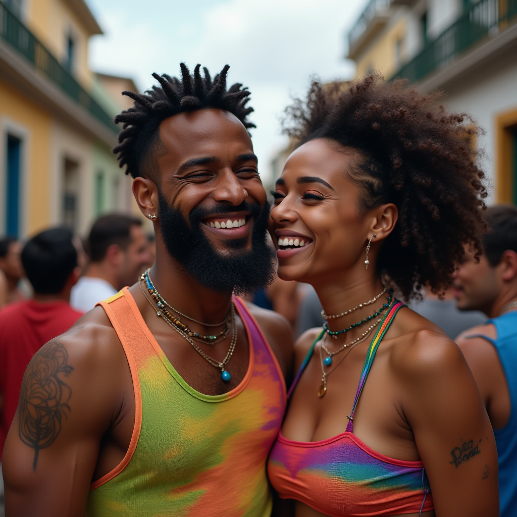 A smiling couple wearing colorful outfits in a lively street setting.