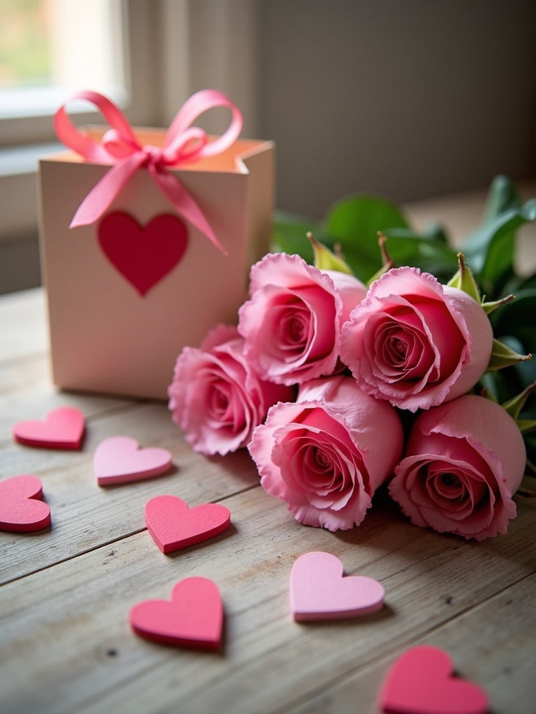 Valentine's Day background with elegant pink roses. Decorative bow on gift bag complements flowers. Charming paper hearts placed near bag. Simple wooden surface adds rustic feel. Soft light illuminates scene creating warm atmosphere.