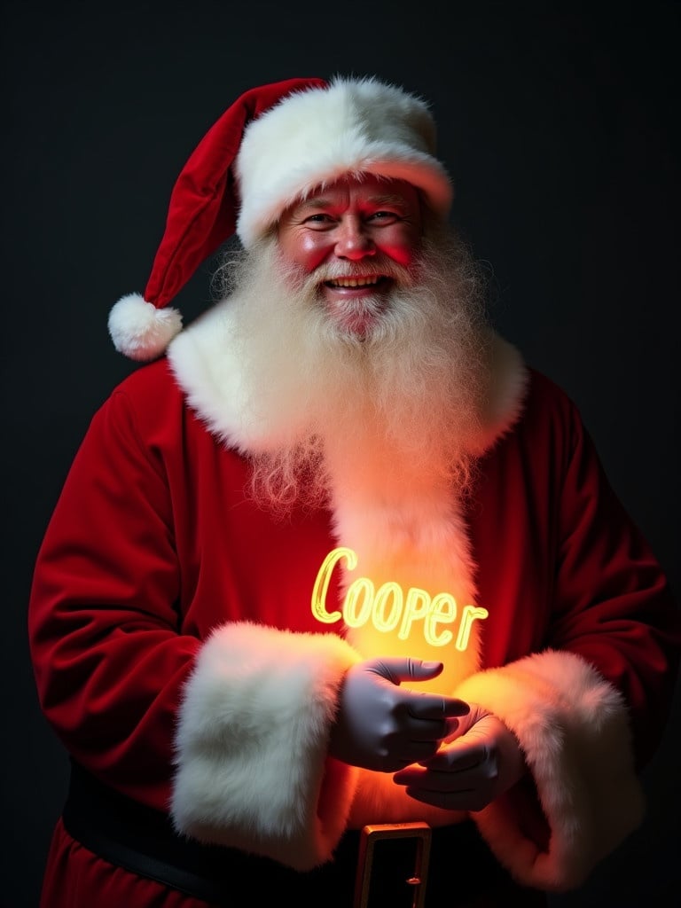 Santa Claus is in traditional red and white suit. He appears joyful and warm. The dark background enhances the brightness of the glowing text. Santa holds a glow stick with the name 'Cooper'. The image captures the essence of Christmas magic.