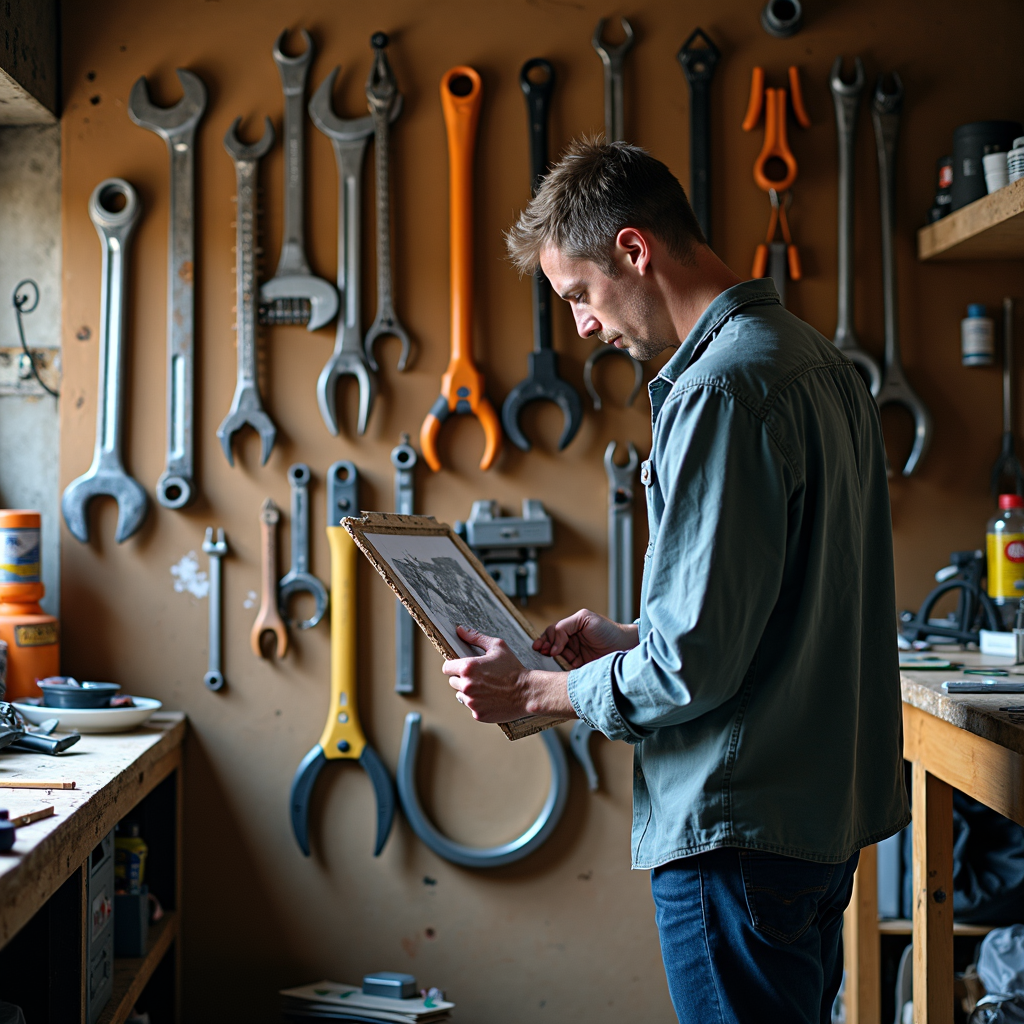 A man stands in a workshop examining a picture, surrounded by an array of large tools on the wall.