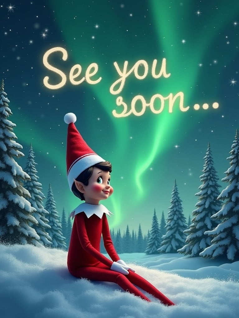 An elf on the shelf sits in a snowy landscape. Elf wears a red and white outfit. Elf gazes up at the night sky. Vibrant northern lights dance in shades of green. The words 'See you soon...' are illuminated by the auroras. Snow-covered trees surround the elf.