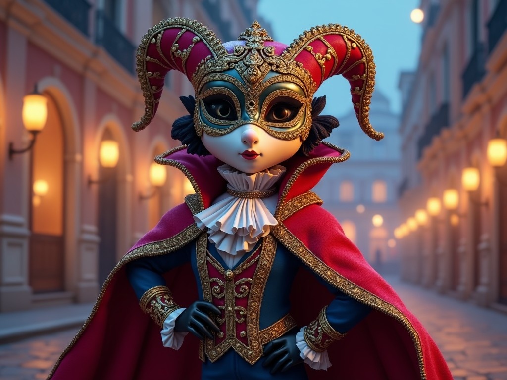 Create a character inspired by traditional Venetian masquerade, styled as if for a cartoon or comic. The character is dressed in an elaborate, classic Venetian mask, possibly with gold and silver accents. The costume features a richly detailed cape and a ruffled collar, paying homage to 18th-century Venice but with a vibrant twist. The character stands dramatically, with one hand on a cane or holding a fan, fostering a sense of intrigue. The color palette combines deep reds, royal blues, and blacks, accented with hints of gold. The backdrop suggests Venetian architecture, with the soft glow of lanterns enhancing the character's mysterious presence.