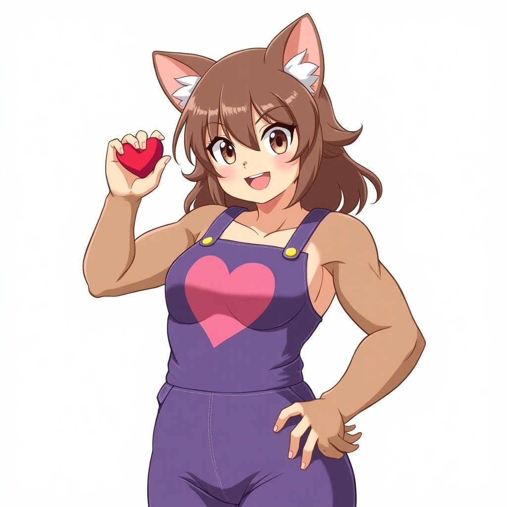 This image features a furry anime girl with a strong physique depicted in purple overalls. She has brown hair styled cute and casual, adding to her character charm. The overalls include a heart design, portraying a playful and lighthearted vibe. In her hand, she holds a red heart-shaped object, enhancing the joyful appearance. The character exudes confidence with her muscular build and bright smile, making her visually appealing to the audience.