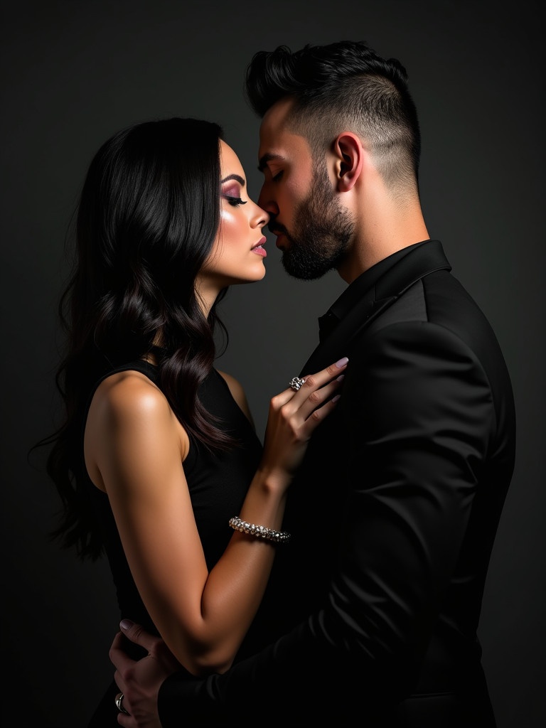 A couple is embracing in a close and intimate gesture. The woman has long dark hair and dramatic makeup. The man has a rugged appearance and short hair. Both are wearing elegant black attire, creating a sophisticated look.