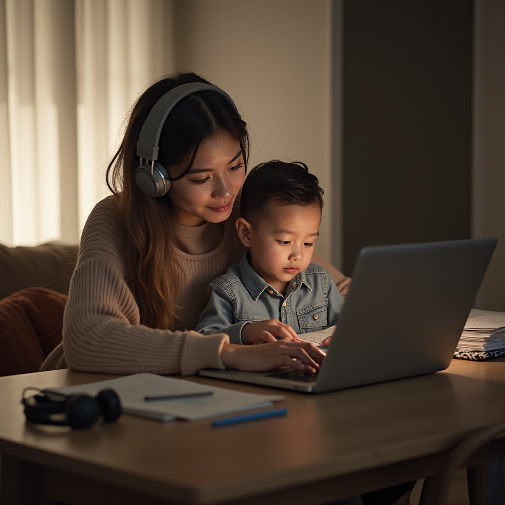 The image depicts a woman and a young child seated at a wooden table, illuminated by warm indoor lighting. The woman is wearing headphones and a cozy sweater, and she is assisting the child with a laptop in front of them. The child, in a denim jacket, is focused on the laptop screen. On the table, there are notebooks, papers, pens, and a pair of extra headphones, suggesting a study or work session. The atmosphere is intimate and nurturing, highlighting a moment of shared learning or entertainment.