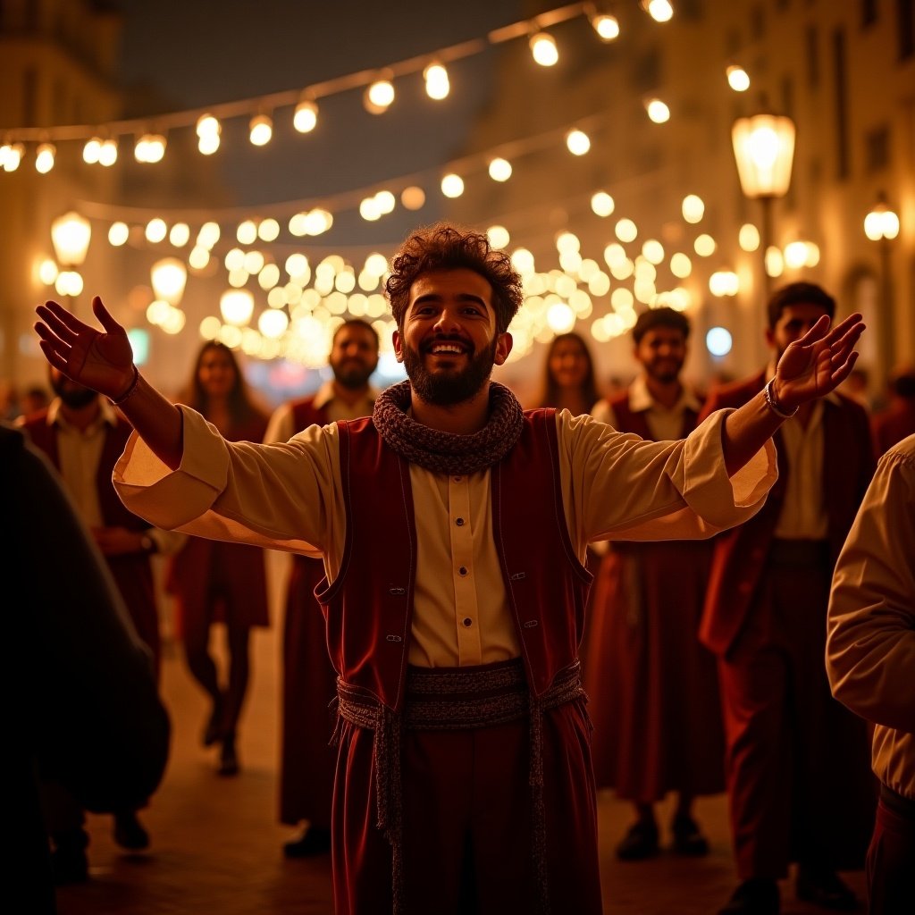 Cheerful man in traditional attire at a festive evening. Background filled with string lights. Warm and inviting atmosphere. Community gathering and celebration.