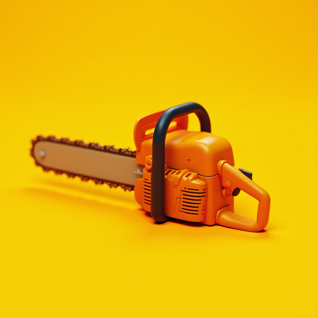 A bright orange chainsaw with a black handle is set against a bold yellow background, creating a striking contrast.