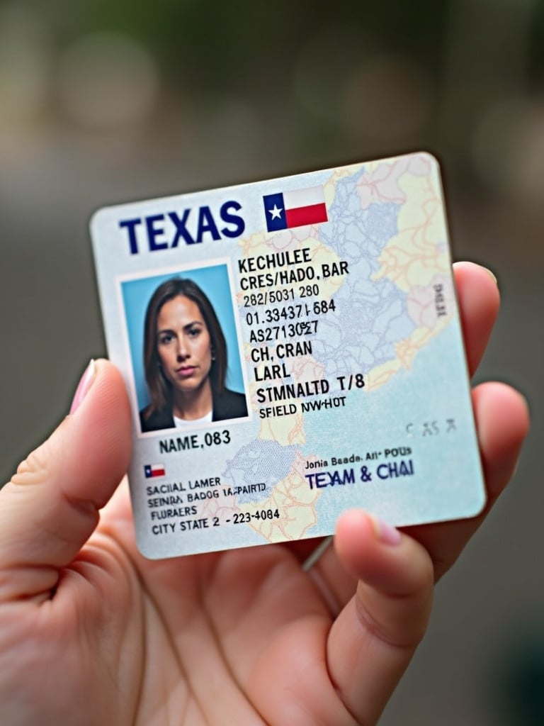 Hand holds the backside of a Texas government-issued ID card. The card displays various personal details including name, date of birth, address, city, state, and zip code.