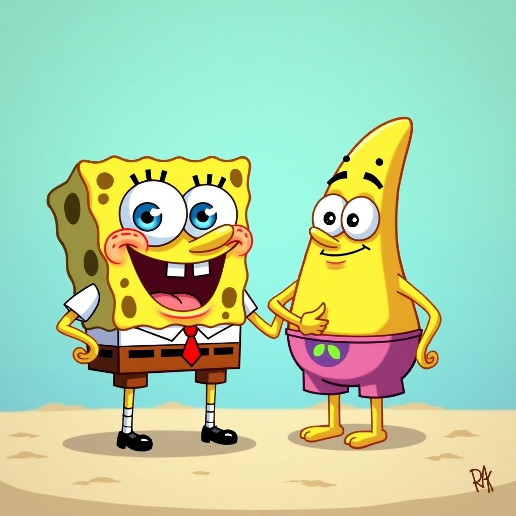 SpongeBob SquarePants character with a banana character. Bright and colorful design. Fun and playful interaction. Cartoon style. Sunny background.