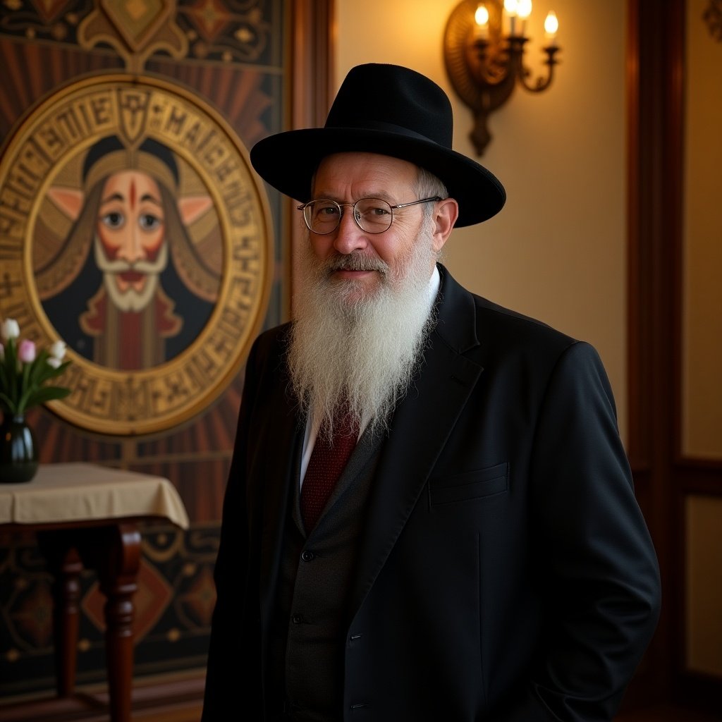 Portrait of a Chasidic rabbi in a formal suit and hat with a welcoming expression. Background features ornate decor.